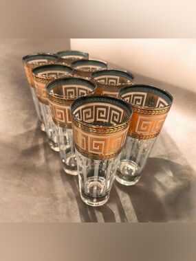 Set of 8 MCM 1960s Culver 22ct Gold Greek Corinthian 22K Hi ball glasses.